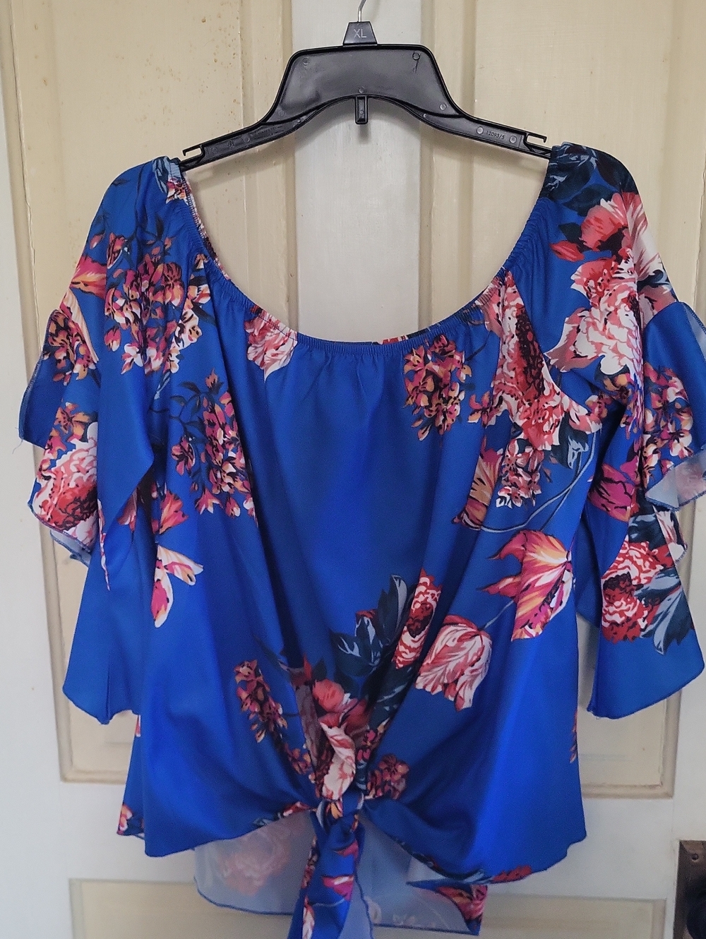 Floral Tie-Front Off-Shoulder Top in Royal Blue
